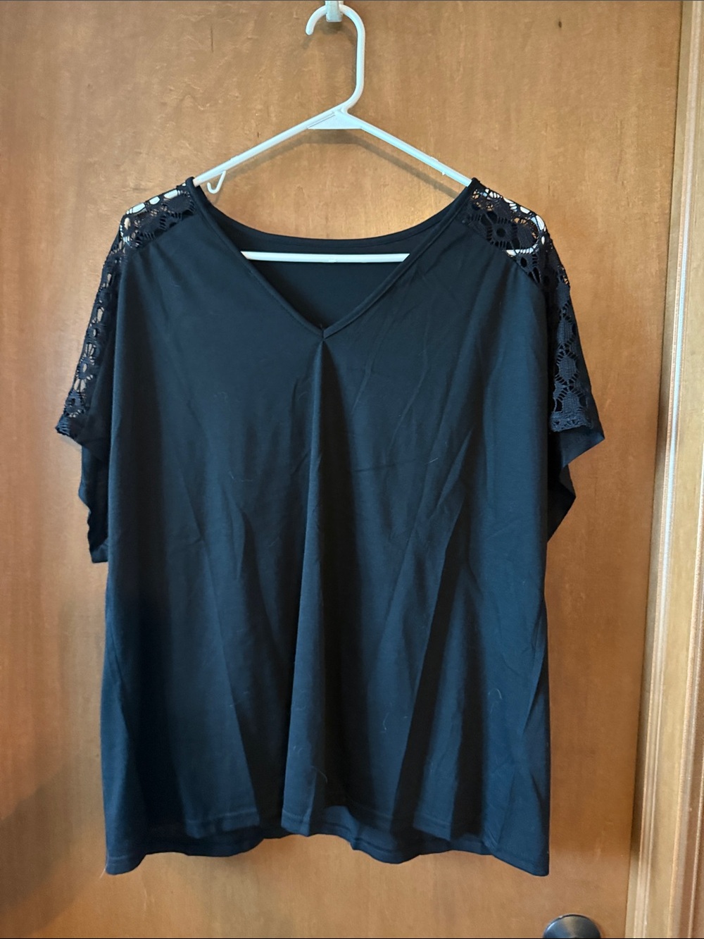 SHEIN Black V-Neck Top with Crochet Shoulder Detail